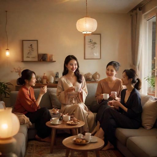 朋友们使用广州品茶外卖服务在家中轻松聚会