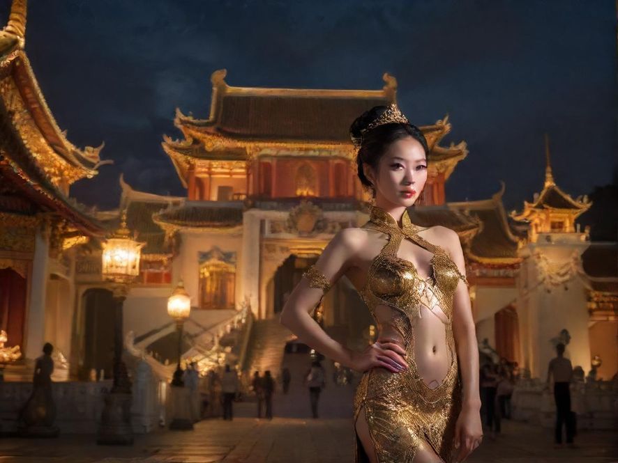 红洋皇宫夜幕下宏伟的入口,灯火辉煌,尽显奢华气派