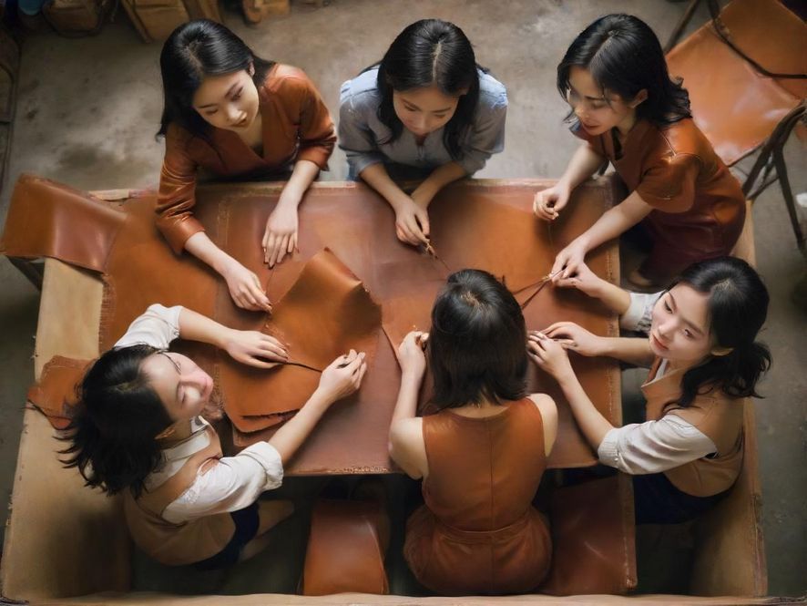 一群年轻人在深圳创意工坊里制作皮具