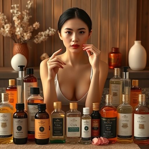 桌上摆放着多种不同颜色和气味的按摩精油瓶