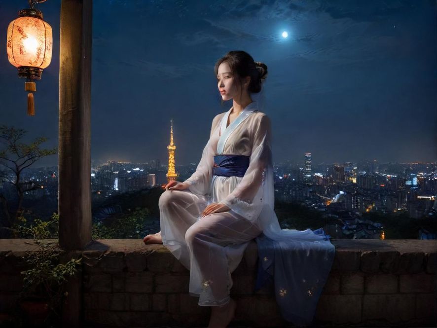 一个手机屏幕显示着一个活跃的聊天群界面，背景是模糊的夜晚城市灯光