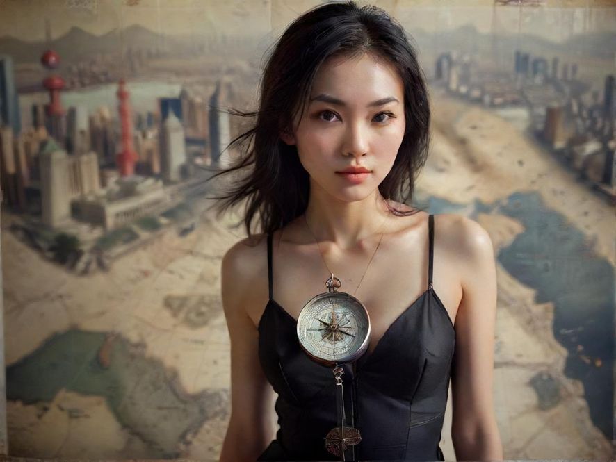 一个指南针指向远方,背景是模糊的城市地图