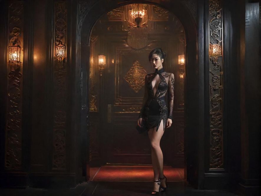 广佛某私密会所的夜景特写,门头精致,营造出神秘而高端的氛围