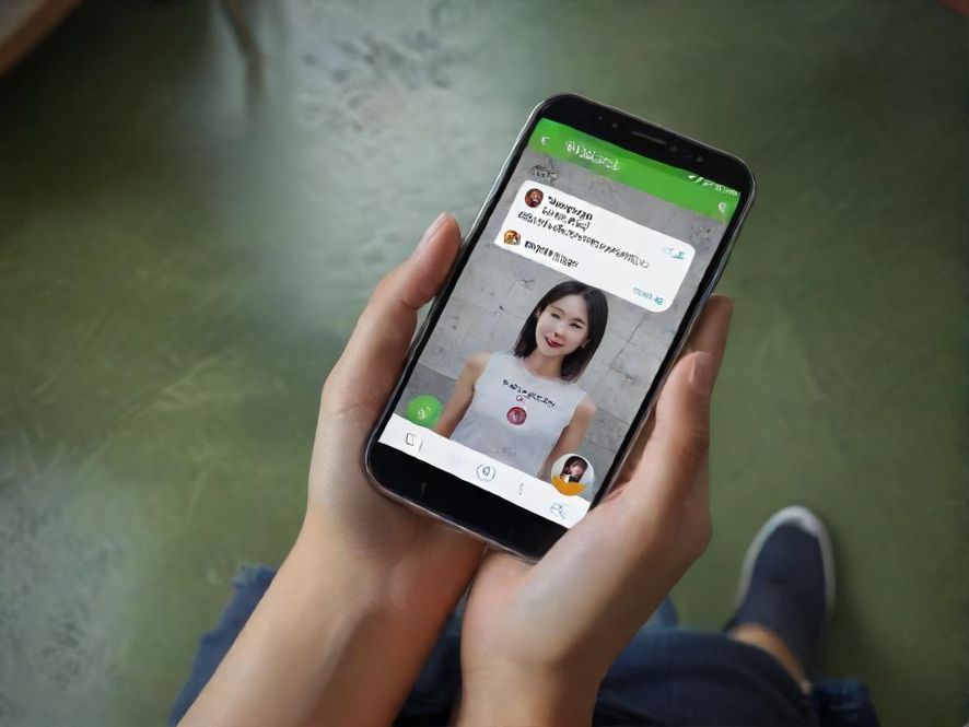 一部手机屏幕上显示着微信群聊界面,俯视角度拍摄,背景是模糊的休闲放松场景,充满科技感。