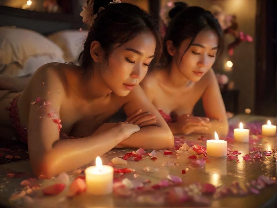 香薰蜡烛与花瓣在SPA浴缸旁,营造宁静氛围