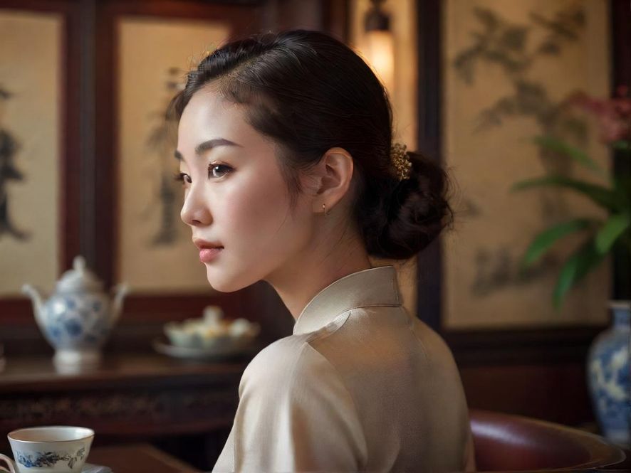 一位气质优雅的女士,在广州一间雅致的茶室包厢内,侧面特写,光线柔和,营造出宁静唯美的氛围。