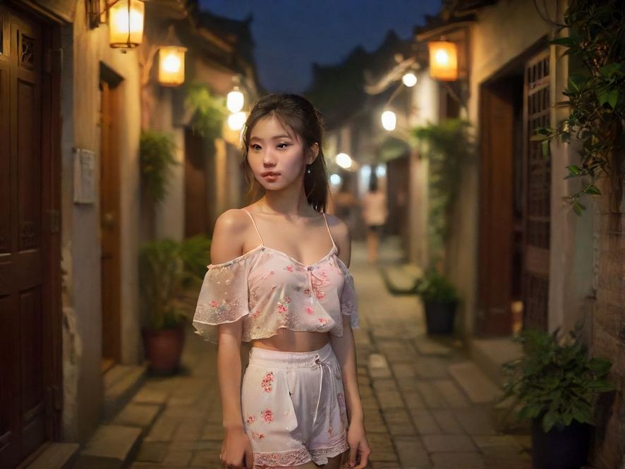 一位年轻女性在广州永庆坊的特色建筑前自信地摆拍,背景是岭南风格的青砖黛瓦和郁郁葱葱的绿植,阳光透过树梢洒下,营造出一种温暖而充满活力的氛围。