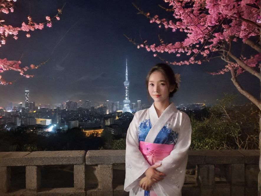 深圳奢华会所入口处,霓虹灯光璀璨,展现现代风格,背景是繁忙的城市夜景。