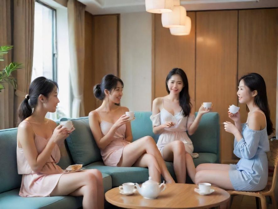 朋友在茶室聚会放松的场景