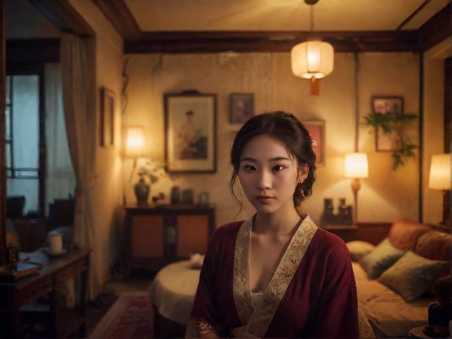 广州老城区公寓内的中式复古客厅,灯光温馨,营造出私密放松的氛围