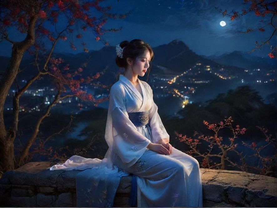 夜晚的街道,灯光模糊,远处隐约可见休闲娱乐场所的招牌。