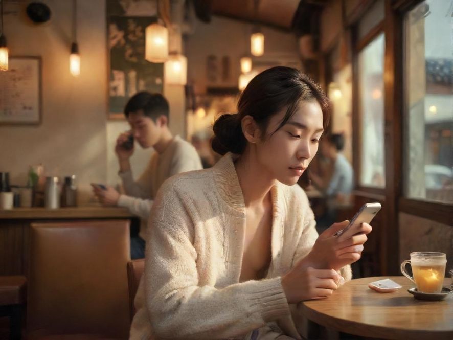 在咖啡馆里悠闲地刷着手机,寻找广东的休闲资源