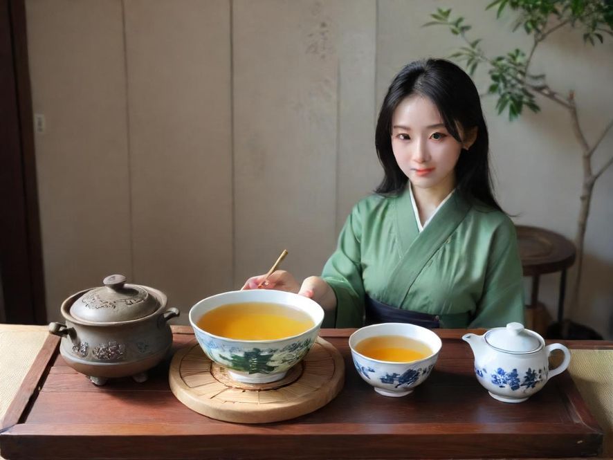 一位气质优雅的女士正在中式茶室中品尝香茗,光线柔和,氛围宁静。