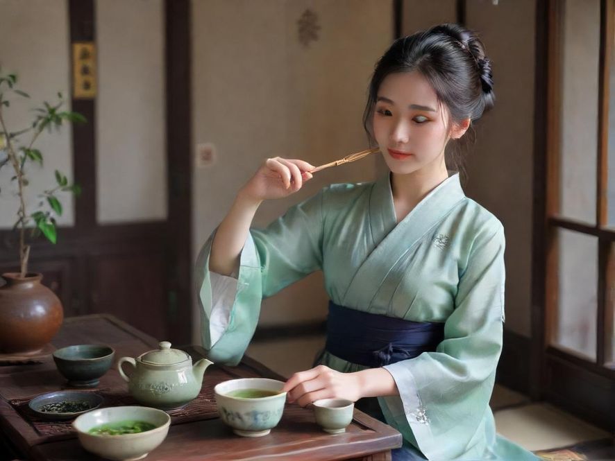 一位女士在雅致的茶室中享受品茶时光