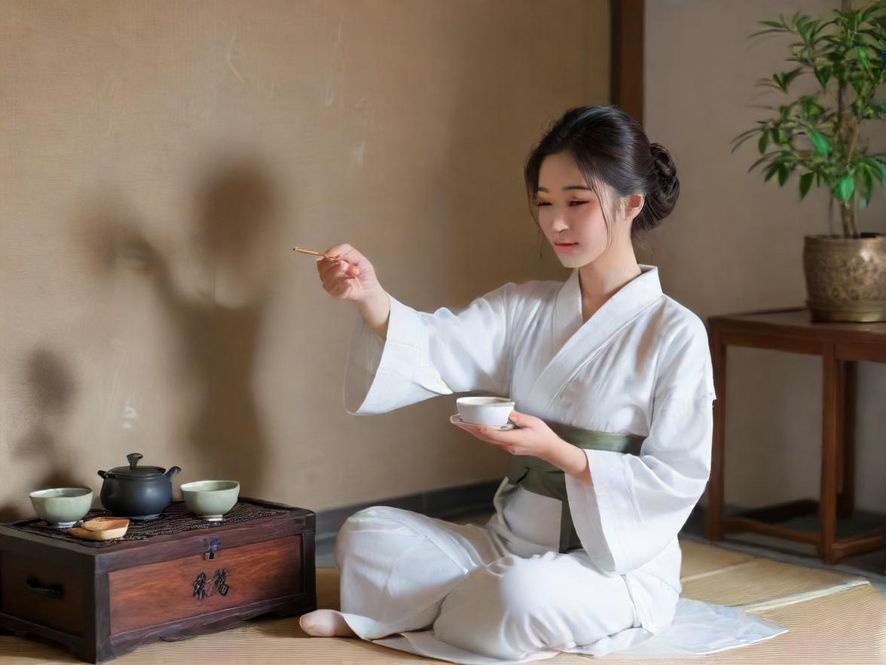 广州中高端茶室中,一位气质优雅的女士正在品茶,背景是精致的中式园林景观,氛围静谧而美好。