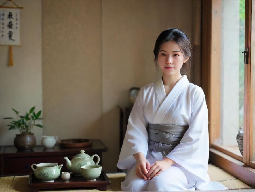 一位面容恬静的茶艺师在温馨的茶室中侧面泡茶,光线柔和,营造出唯美意境。