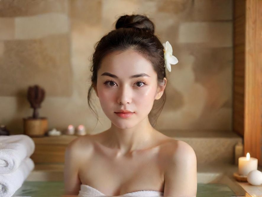 一位女性顾客背部特写,在柔和的灯光下享受香薰SPA,理疗师的双手正在进行专业按摩,营造出奢华而宁静的水疗氛围。