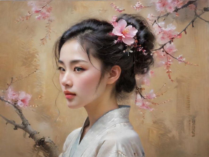 一位优雅女性在柔和光线下的私密艺术沙龙中，沉浸式体验精致花艺，充满电影感的艺术氛围