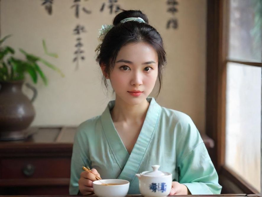 一位气质优雅的女性在光线柔和的东方雅致茶室中,侧面特写,正在品茶,画面唯美写实。